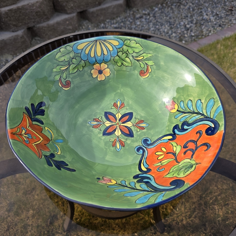 Talavera Hand-Painted Mexican Style Ceramic BIG Bowl - Green and Orange